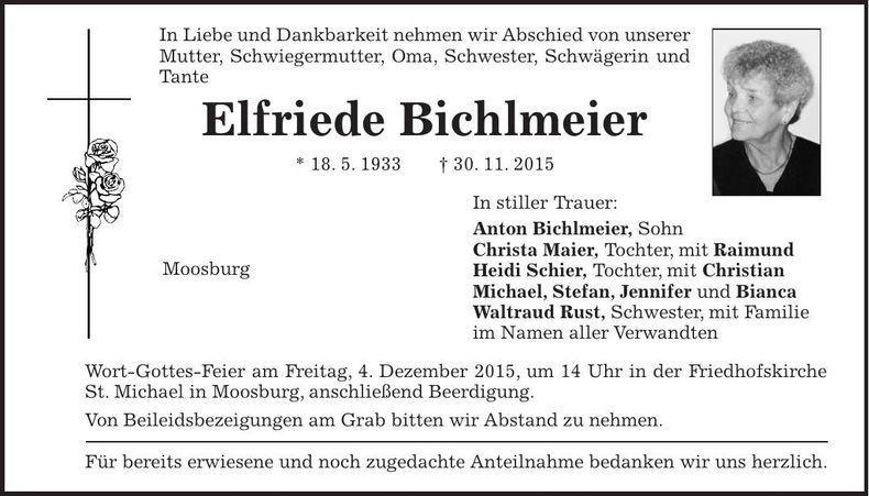 Traueranzeige Elfriede Bichlmeier