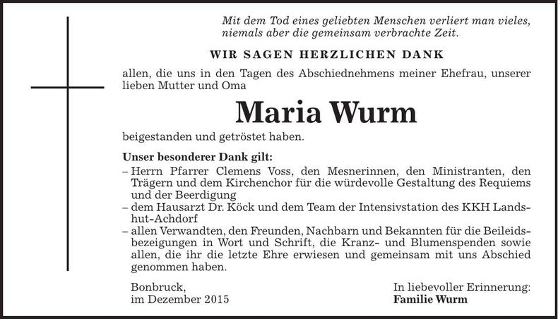 Traueranzeige Maria Wurm