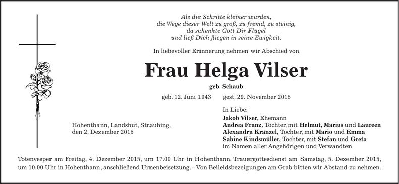 Traueranzeige Helga Vilser