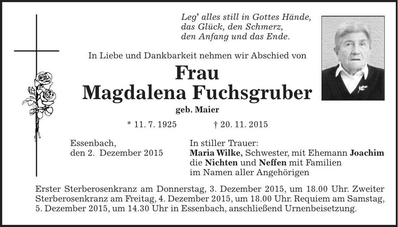Traueranzeige Magdalena Fuchsgruber