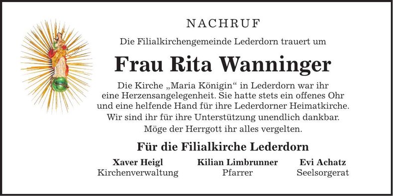 Traueranzeige Rita Wanninger