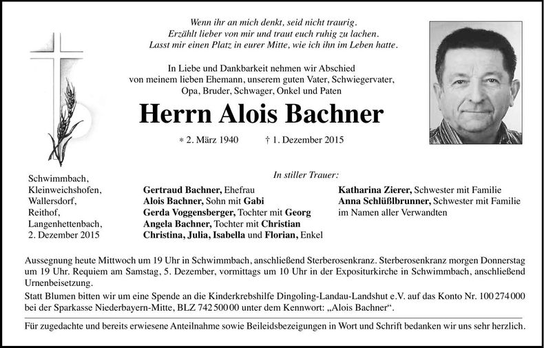 Traueranzeige Alois Bachner