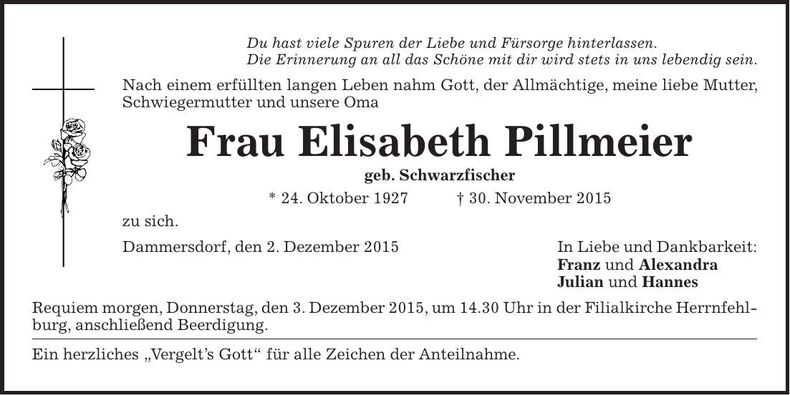Traueranzeige Elisabeth Pillmeier