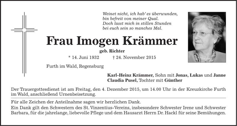 Traueranzeige Imogen Krämmer