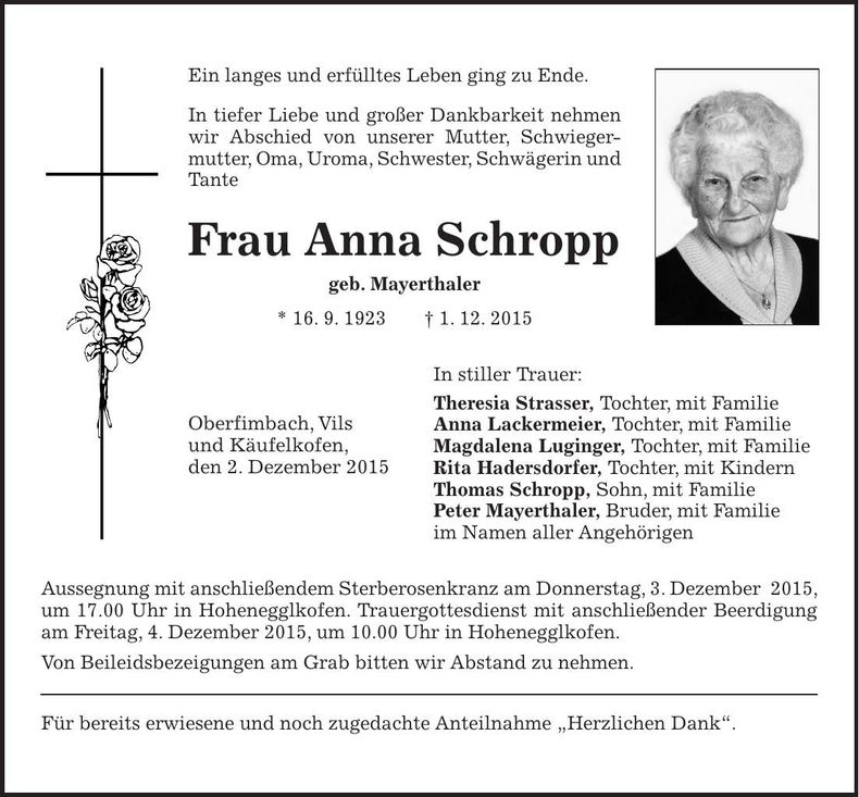 Traueranzeige Anna Schropp