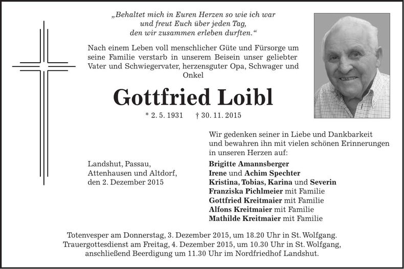 Traueranzeige Gottfried Loibl