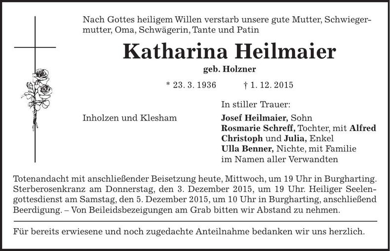 Traueranzeige Katharina Heilmaier