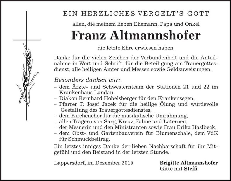Traueranzeige Franz Almannshofer