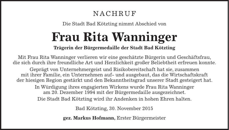 Traueranzeige Rita Wanninger