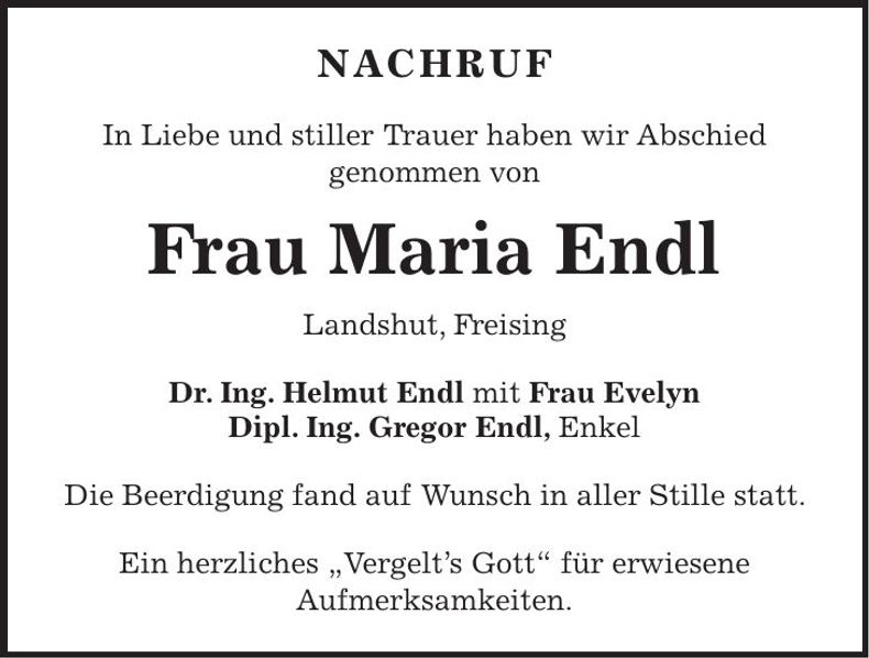 Traueranzeige Maria Endl
