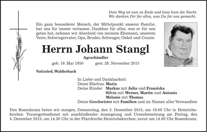 Traueranzeige Johann Stangl