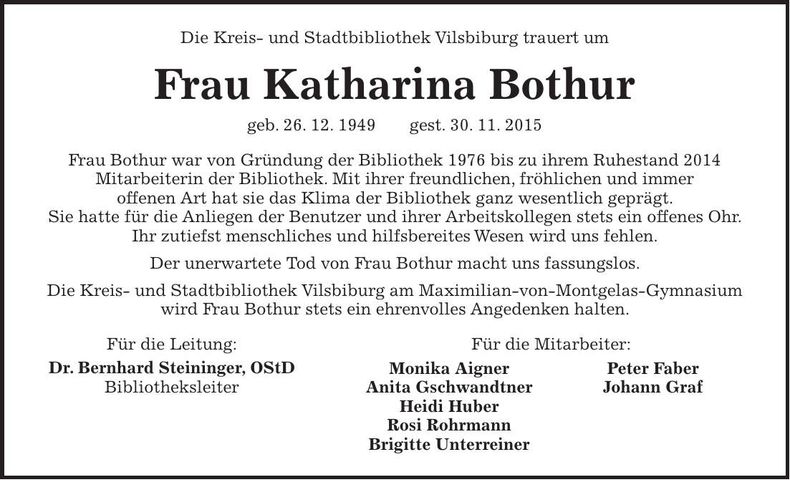 Traueranzeige Katharina Bothur