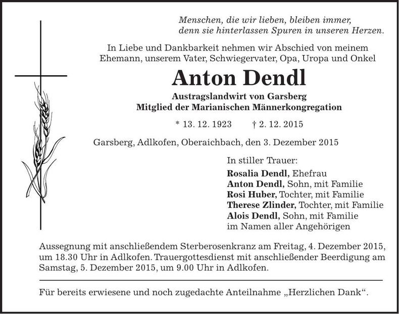 Traueranzeige Anton Dendl