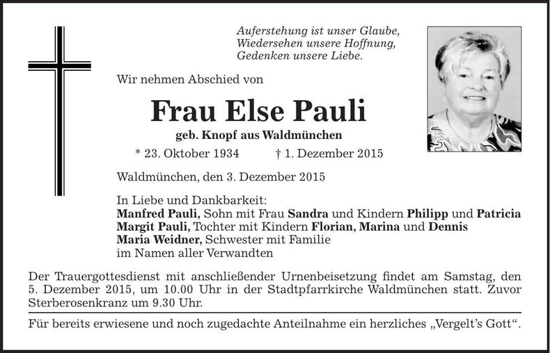 Traueranzeige Else Pauli