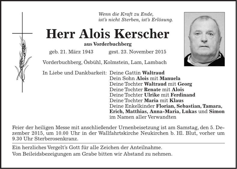 Traueranzeige Alois Kerscher