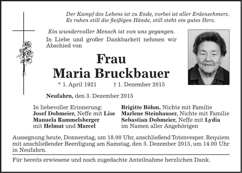 Traueranzeige Maria Bruckbauer