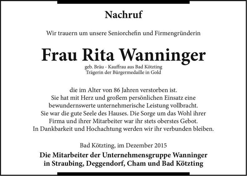 Traueranzeige Rita Wanninger