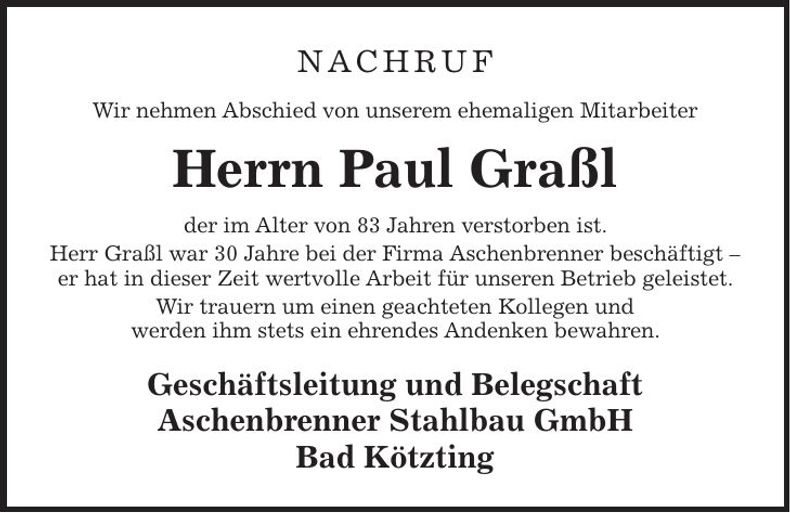 Traueranzeige Paul Graßl