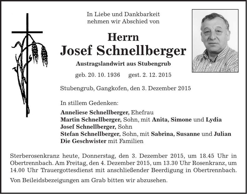 Traueranzeige Josef Schnellberger