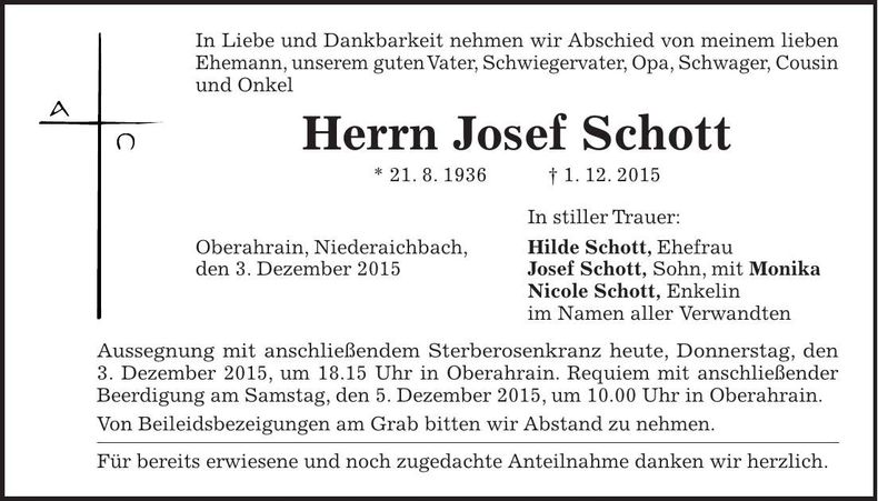 Traueranzeige Josef Schott