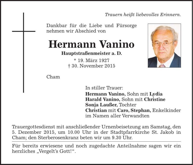 Traueranzeige Hermann Vanino