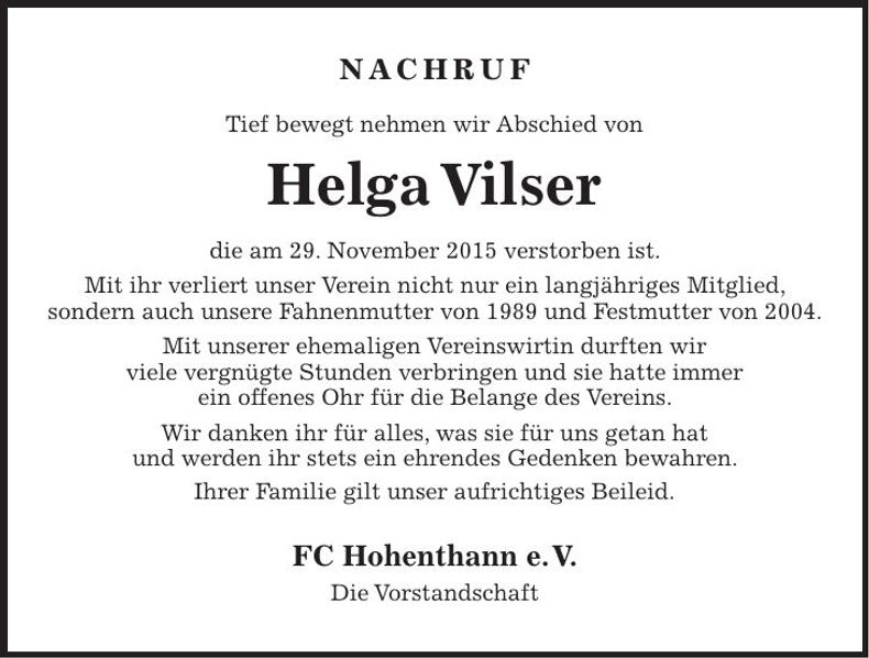 Traueranzeige Helga Vilser