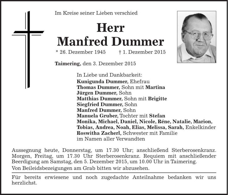 Traueranzeige Manfred Dummer