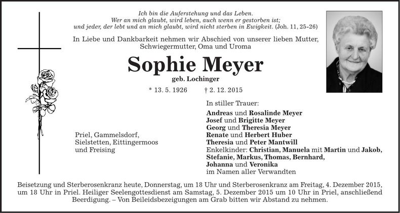 Traueranzeige Sophie Meyer