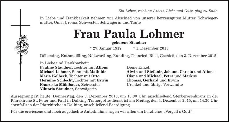 Traueranzeige Paula Lohmer