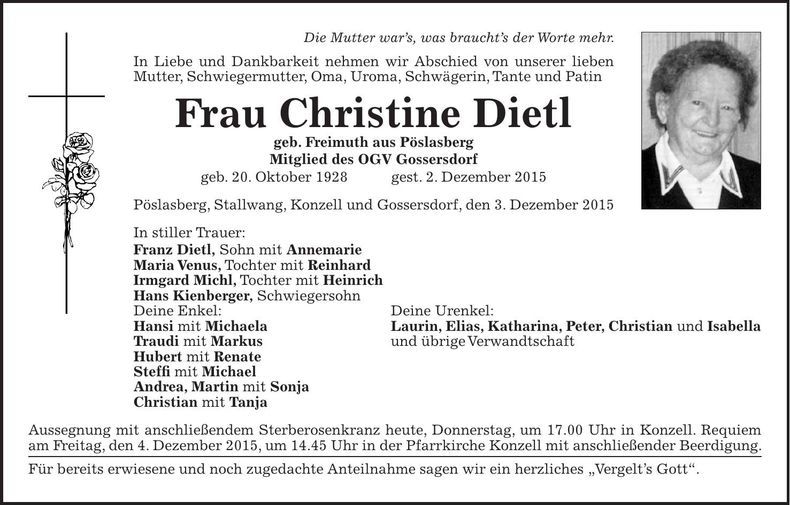 Traueranzeige Christine Dietl