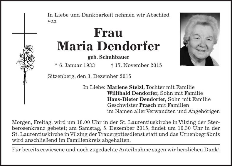 Traueranzeige Maria Dendorfer