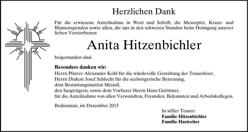 Traueranzeige Anita Hitzenbichler