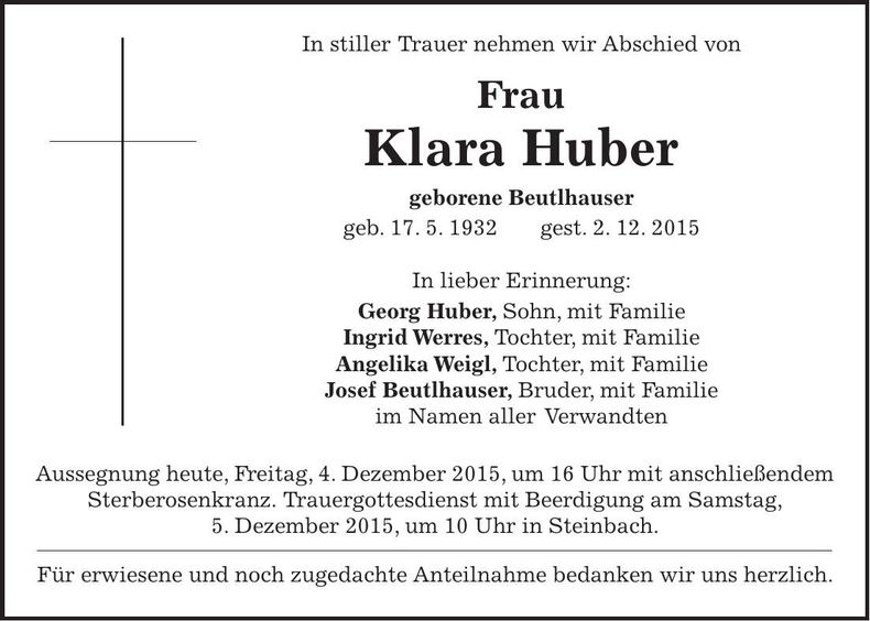 Traueranzeige Klara Huber