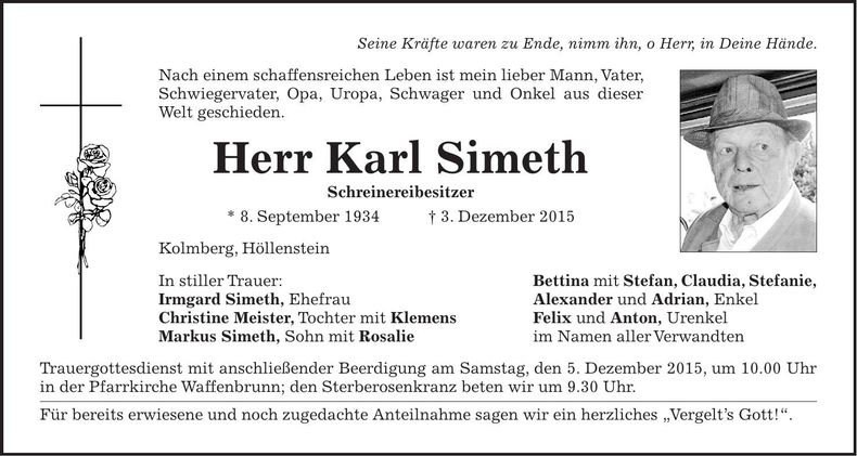 Traueranzeige Karl Simeth