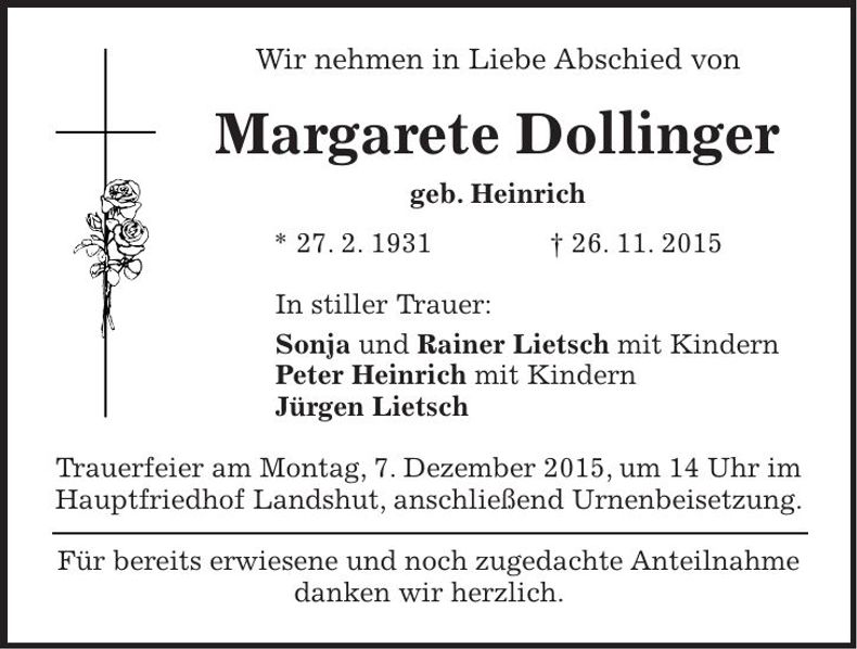 Traueranzeige Margarete Dollinger