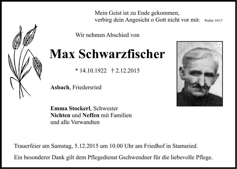Traueranzeige Max Schwarzfischer
