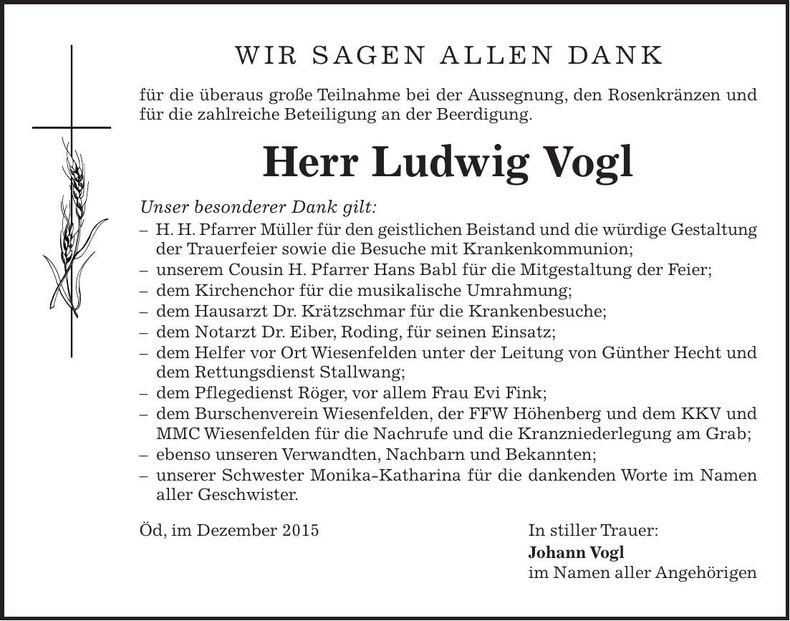 Traueranzeige Ludwig Vogl