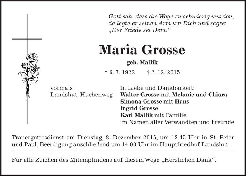 Traueranzeige Maria Grosse
