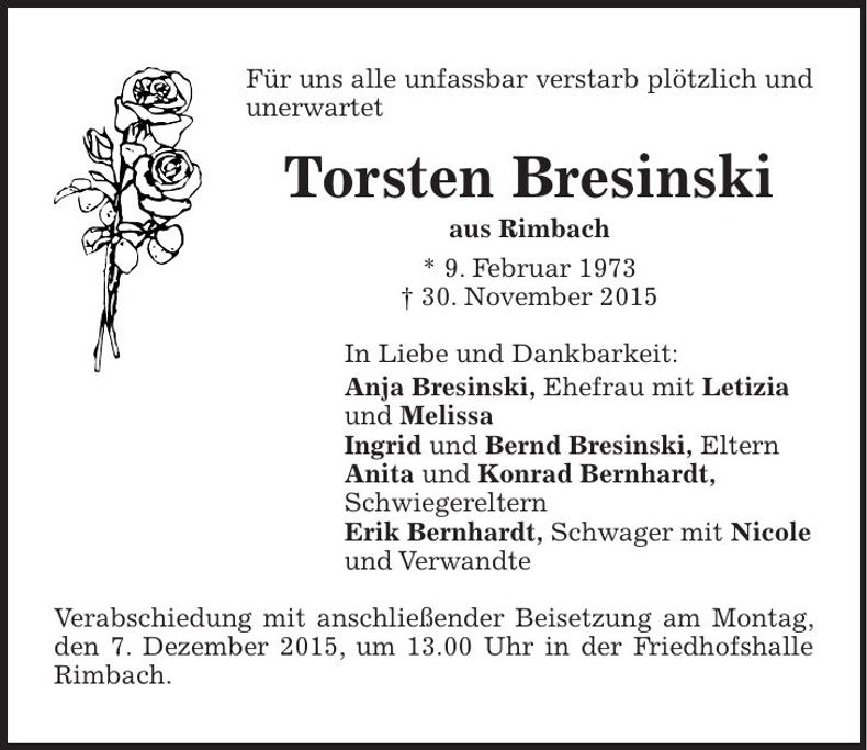 Traueranzeige Torsten Bresinski