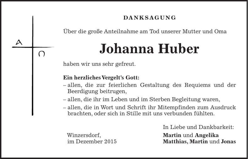 Traueranzeige Johanna Huber