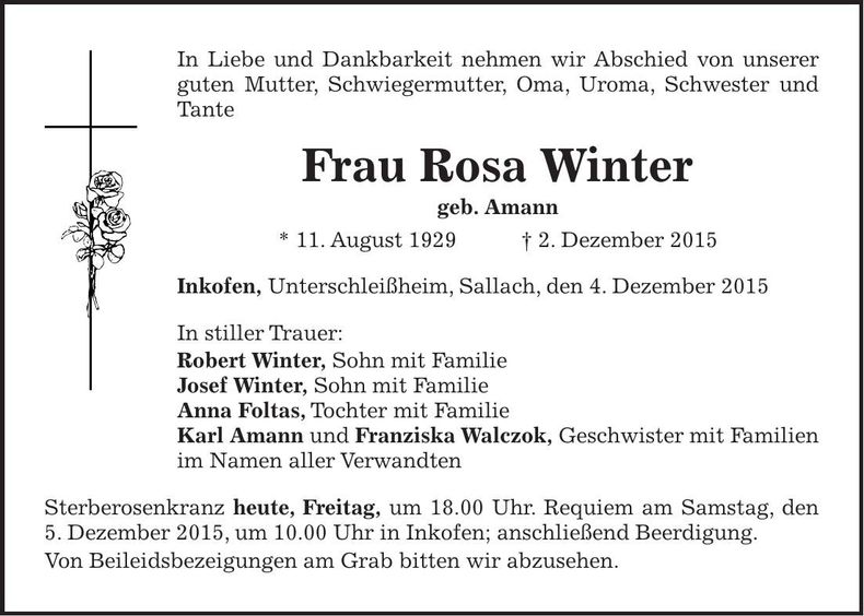 Traueranzeige Rosa Winter