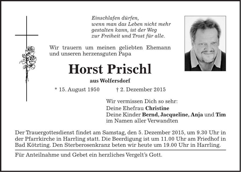 Traueranzeige Horst Prischl