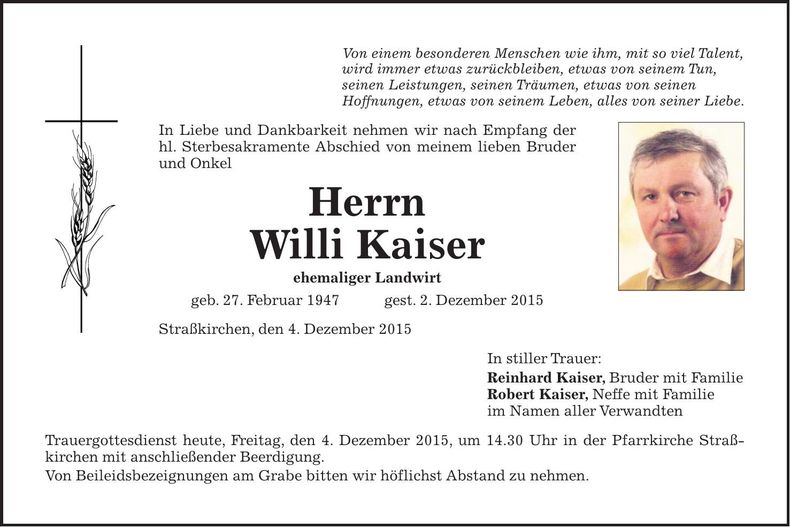 Traueranzeige Willi Kaiser