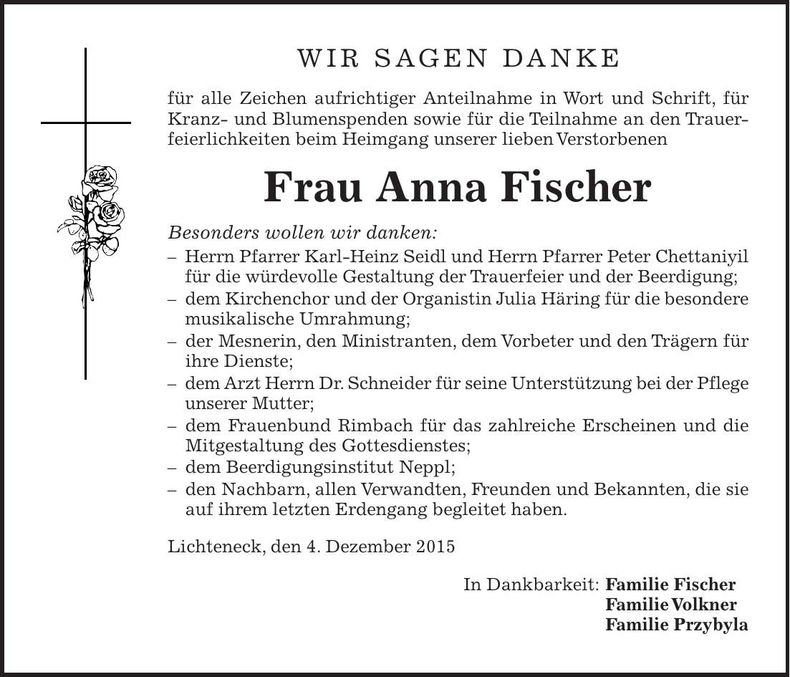 Traueranzeige Anna Fischer
