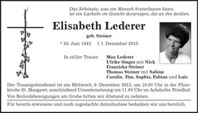 Traueranzeige Elisabeth Lederer