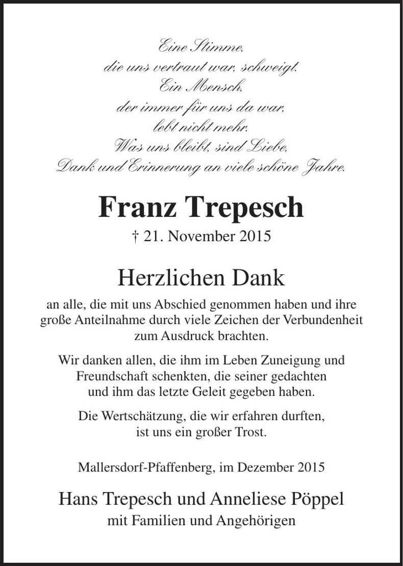 Traueranzeige Franz Trepesch