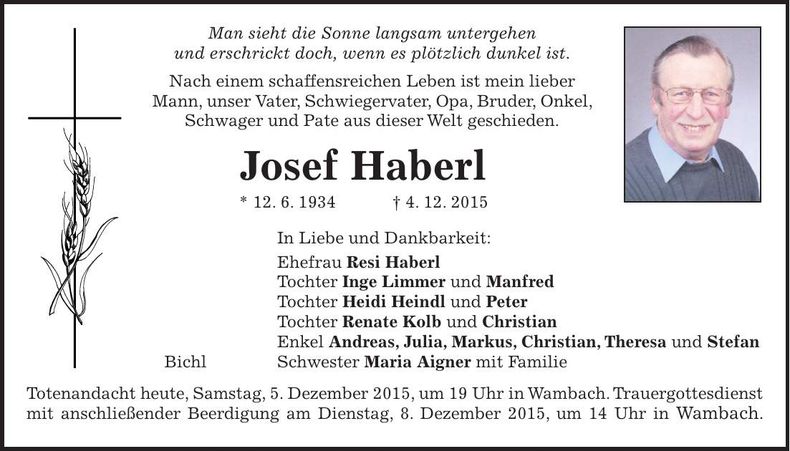 Traueranzeige Josef Haberl