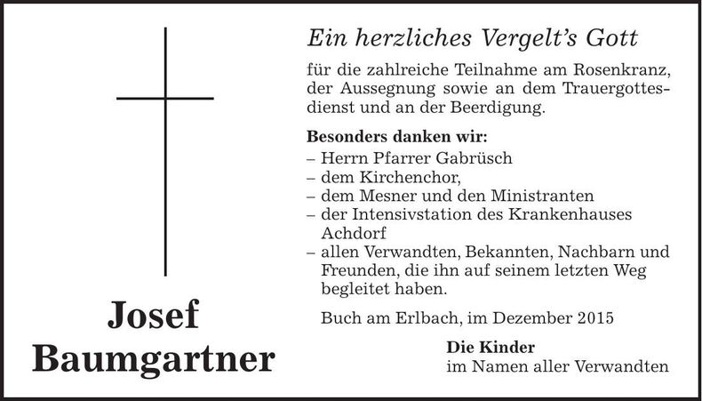 Traueranzeige Josef Baumgartner