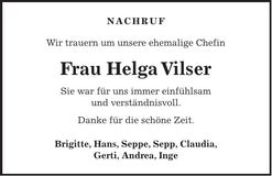 Traueranzeige Helga Vilser