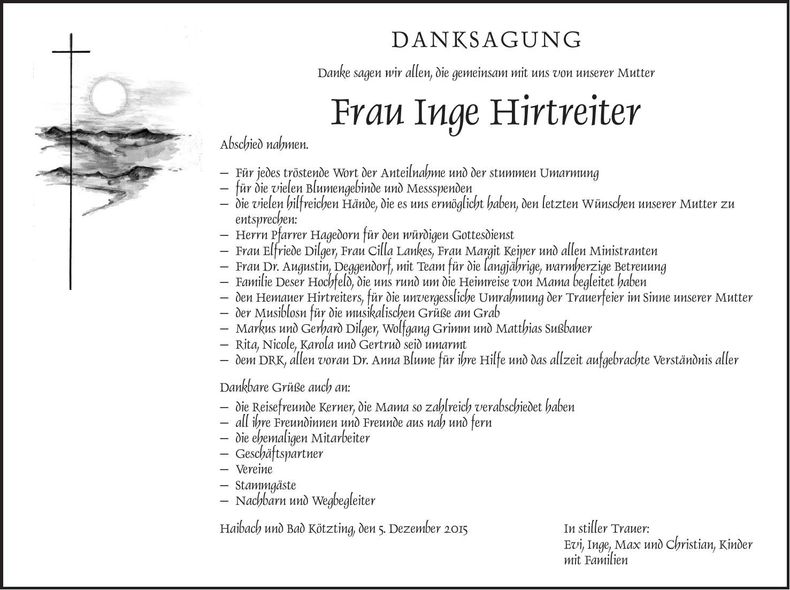 Traueranzeige Inge Hirtreiter